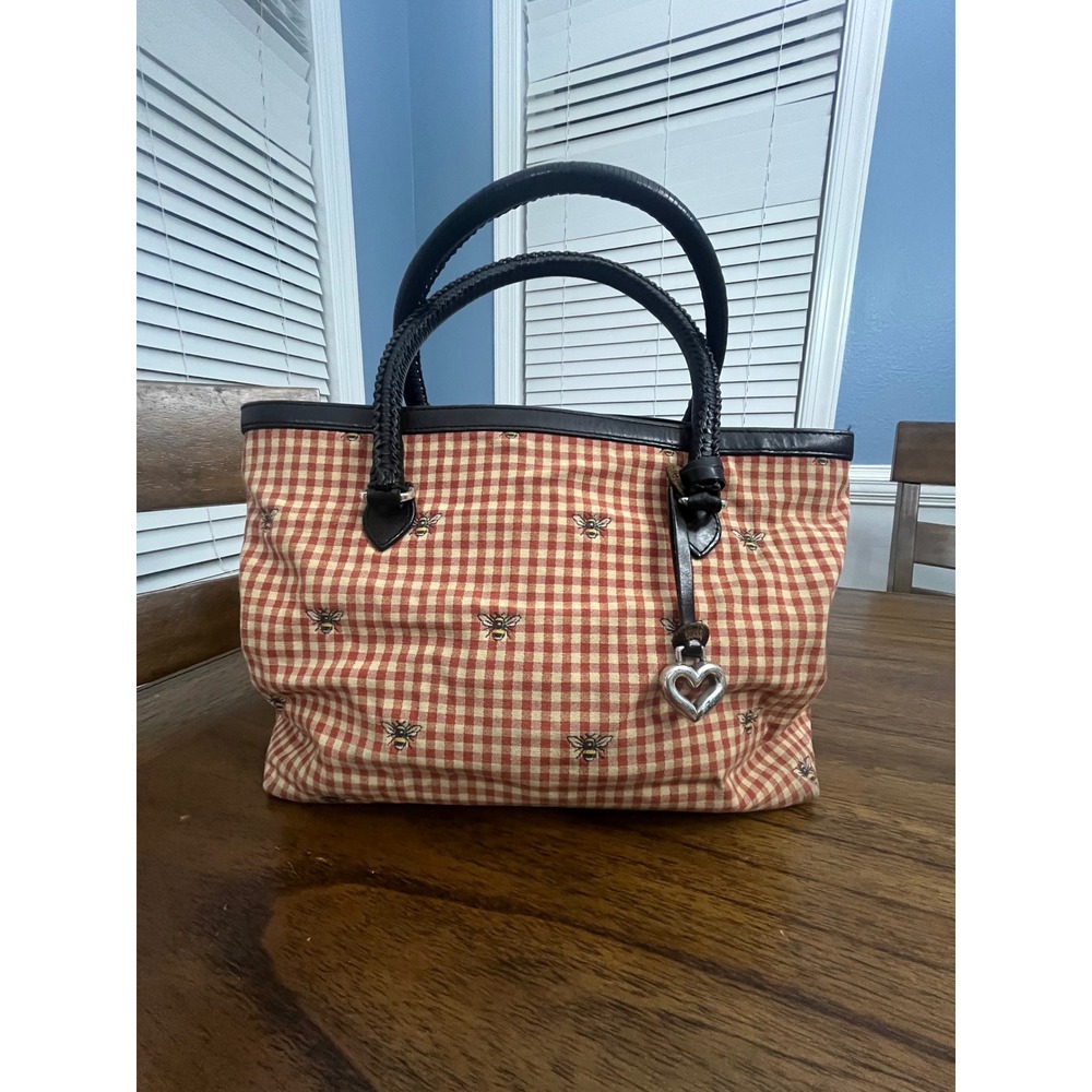 Brighton Gingham Bumble Bee Tote Bag Red White Canvas Black Leather Trim Heart